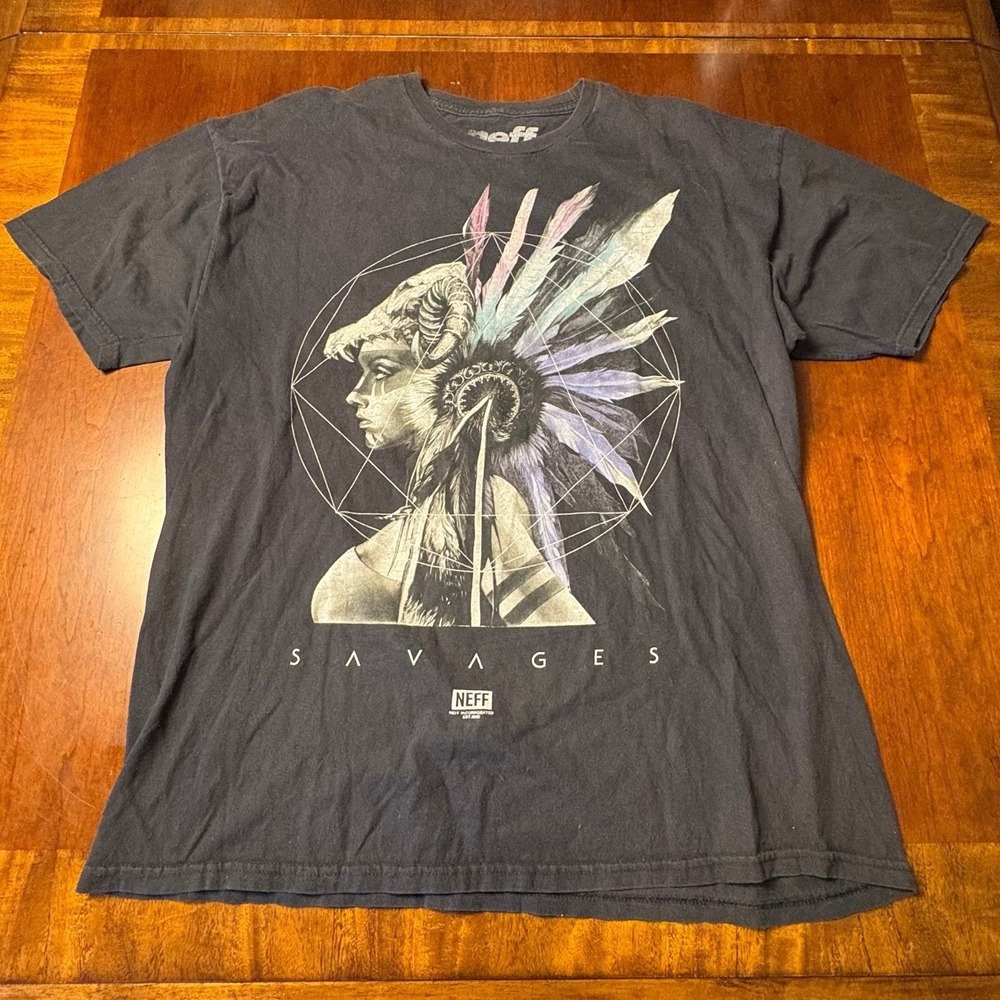 Neff Savages Graphic T-Shirt XL Black Native Headdress Streetwear Tee